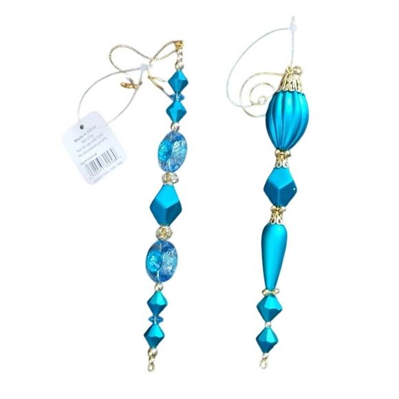 Vintage Raz Imports Christmas Ornaments Set - Blue Gold Beaded Elegant Decor NEW - Picture 7 of 7